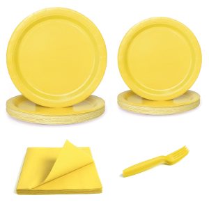 UVTQSSP 96 Pcs Party Plates, Yellow Paper Plates and Napkins, Disposable Tableware Set, Party Supplies for Kids Birthday Baby Shower Wedding Picnic, Serve for 24 Guests