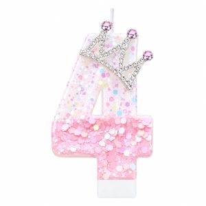 Pink Birthday Number 4 Candle for Cake, Pink Crown Cake Topper Princess Birthday Party Decorations Cupcake Topper Party Favors Decor Supplies