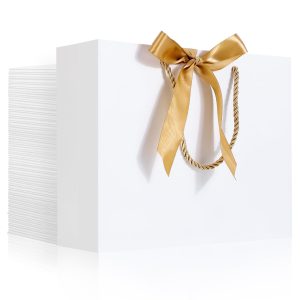 EUSOAR Thank You Gift Bags with Ribbons, 50pcs 10.6"x3.1"x8.3" White Party Favor Bags with Handle, Gift Wrap Treat Bags Bulk for Wedding, Baby Shower, Birthday, Bridesmaid, Anniversary, Holiday Party