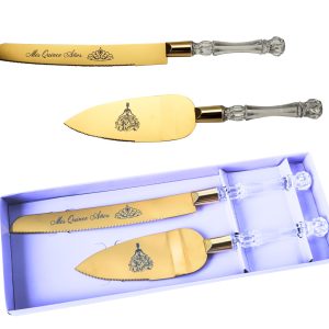 Lassos Boutique Mis Quince Años Quinceanera Cake Serving and Knife Set, Sweet 15 Birthday Cake Cutting Set, Feliz 15 Anos Decoration, Acrylic Handle, Stainless Steel (Gold)