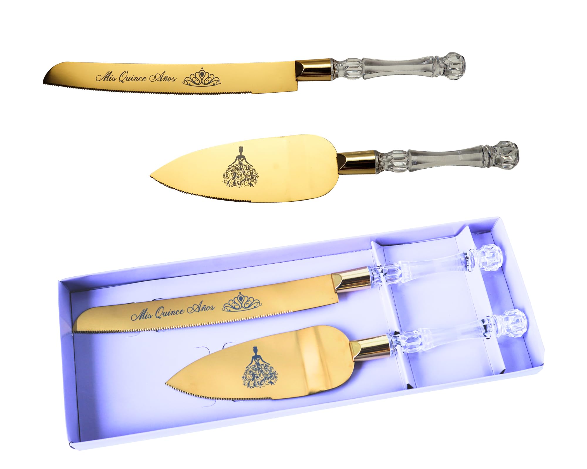 Lassos Boutique Mis Quince Años Quinceanera Cake Serving and Knife Set, Sweet 15 Birthday Cake Cutting Set, Feliz 15 Anos Decoration, Acrylic Handle, Stainless Steel (Gold)