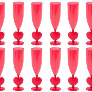 Fun Express Heart Shaped Champagne Glasses Plastic Flutes 12 Pack - Red Valentine Wine Glasses for Galentines Day Party Supplies | BPA Free Acrylic Drinking Cups 6oz | Valentines Day Glassware Bulk