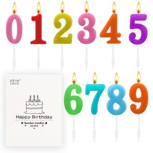 Beanlieve 10-Pieces Numeral Birthday Candles - Cake Numeral Candles Number 0-9 Glitter Cake Topper Decoration for Birthday,Wedding Anniversary,Party Celebration (Colourful)