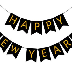 FECEDY Happy New Year Banner Black Bunting with Gold Alphabet for New Year Party Supplier Eve Party Decorations