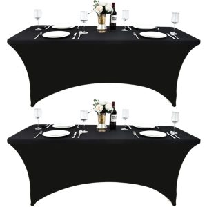 ZarzaaSik 2-Pack 6ft Black Spandex Table Covers for Rectangle Standard Folding Tables - Wrinkle Resistant Stretch Tablecloths - Ultimate Fitted Table Protector for Parties, Trade Shows, Banquet