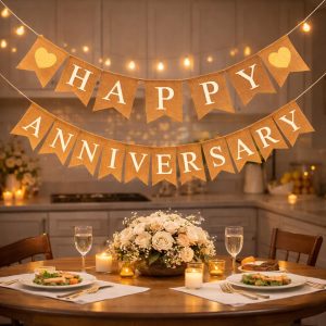Shimmer Anna Shine "Happy Anniversary" Burlap Banner – Rustic “Happy” and “Anniversary” across natural burlap flags (approx. 5" × 7") with Sparkly Gold Hearts Party Decor