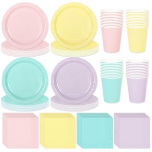 Whaline 244Pcs Pastel Rainbow Tableware Set Serves 48 4 Colors Disposable Dinnerware 48 9" Plates 48 7" Plate 48 9oz Cups 100 Napkins for Spring Easter Wedding Birthday Party Supplies