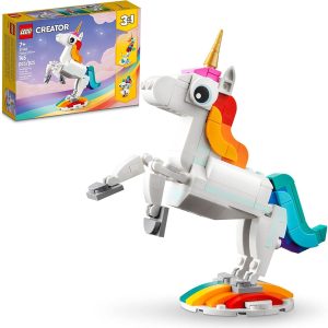 LEGO Creator 3 in 1 Magical Unicorn Toy, Transforms to Seahorse to Peacock, Rainbow Animal Figures, Unicorn Gift for Grandchildren, Girls and Boys, Buildable Toys, 31140