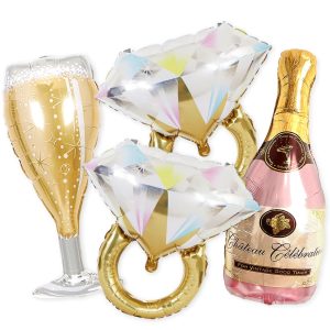 PartyForever 2 Gold Glitter Ring Bachelorette Party Balloons with 40inch Bottle Balloon and Glass Balloon Hen Party Decorations Balloons for Bridal Shower