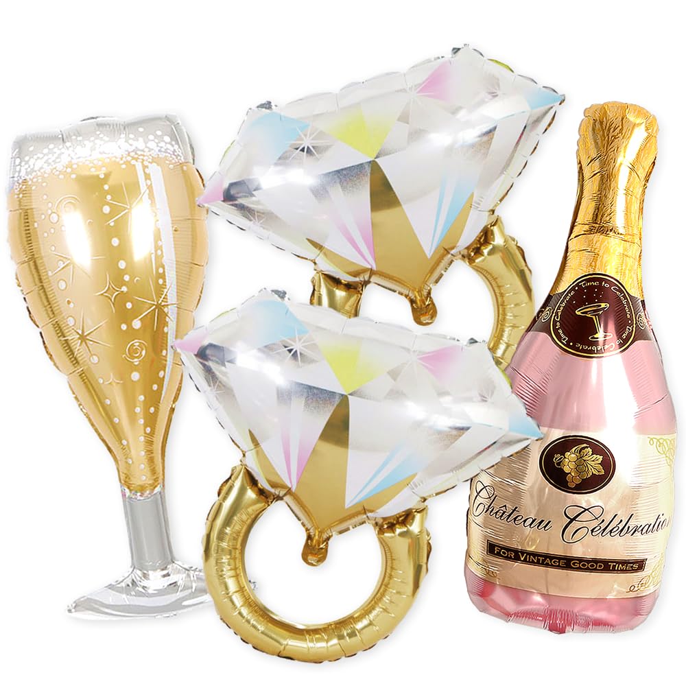 PartyForever 2 Gold Glitter Ring Bachelorette Party Balloons with 40inch Bottle Balloon and Glass Balloon Hen Party Decorations Balloons for Bridal Shower