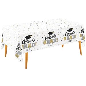 Gatherfun Graduation Decorations, Gongrats Grad Tablecover for Graduation Party Supplies, 3 pcs Class of 2026 Table Cloths, 54"x108" (White and Gold)