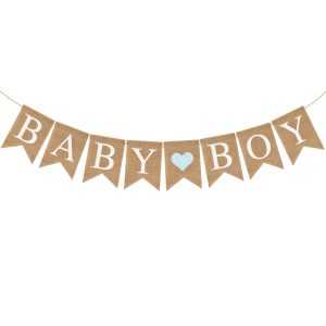 Pre-Strung Baby Boy Burlap Banner, Gender Reveal Banner for Baby Shower Party Decorations (Light Blue Heart)