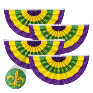 4 Pcs Mardi Gras Bunting Flag 2 x 4Ft Carnival Pleated Fan Flag with Embroidery Iris Banner Mardi Gras Purple Yellow Green Party Decor for Indoor Outdoor Garden Hanging Porch Home Decoration