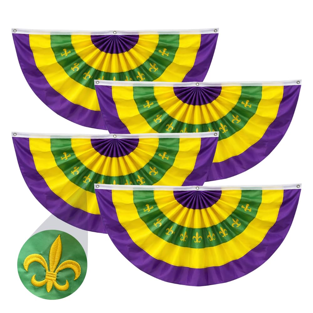4 Pcs Mardi Gras Bunting Flag 2 x 4Ft Carnival Pleated Fan Flag with Embroidery Iris Banner Mardi Gras Purple Yellow Green Party Decor for Indoor Outdoor Garden Hanging Porch Home Decoration