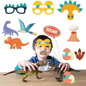 Kristin Paradise 25Pcs Dinosaur Photo Booth Props with Stick, Dino Theme Selfie Props, Jurassic Birthday Party Supplies, T-Rex Photography Backdrop Decorations
