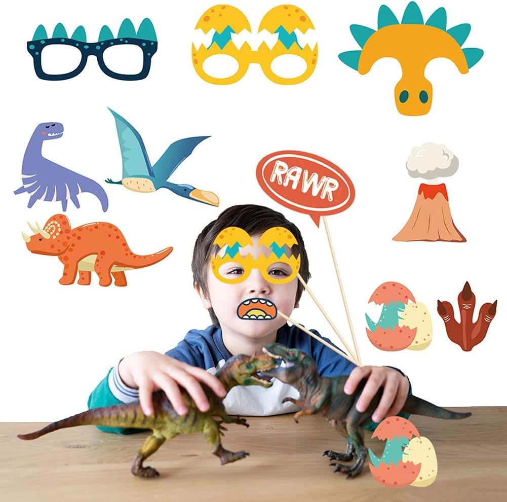 Kristin Paradise 25Pcs Dinosaur Photo Booth Props with Stick, Dino Theme Selfie Props, Jurassic Birthday Party Supplies, T-Rex Photography Backdrop Decorations