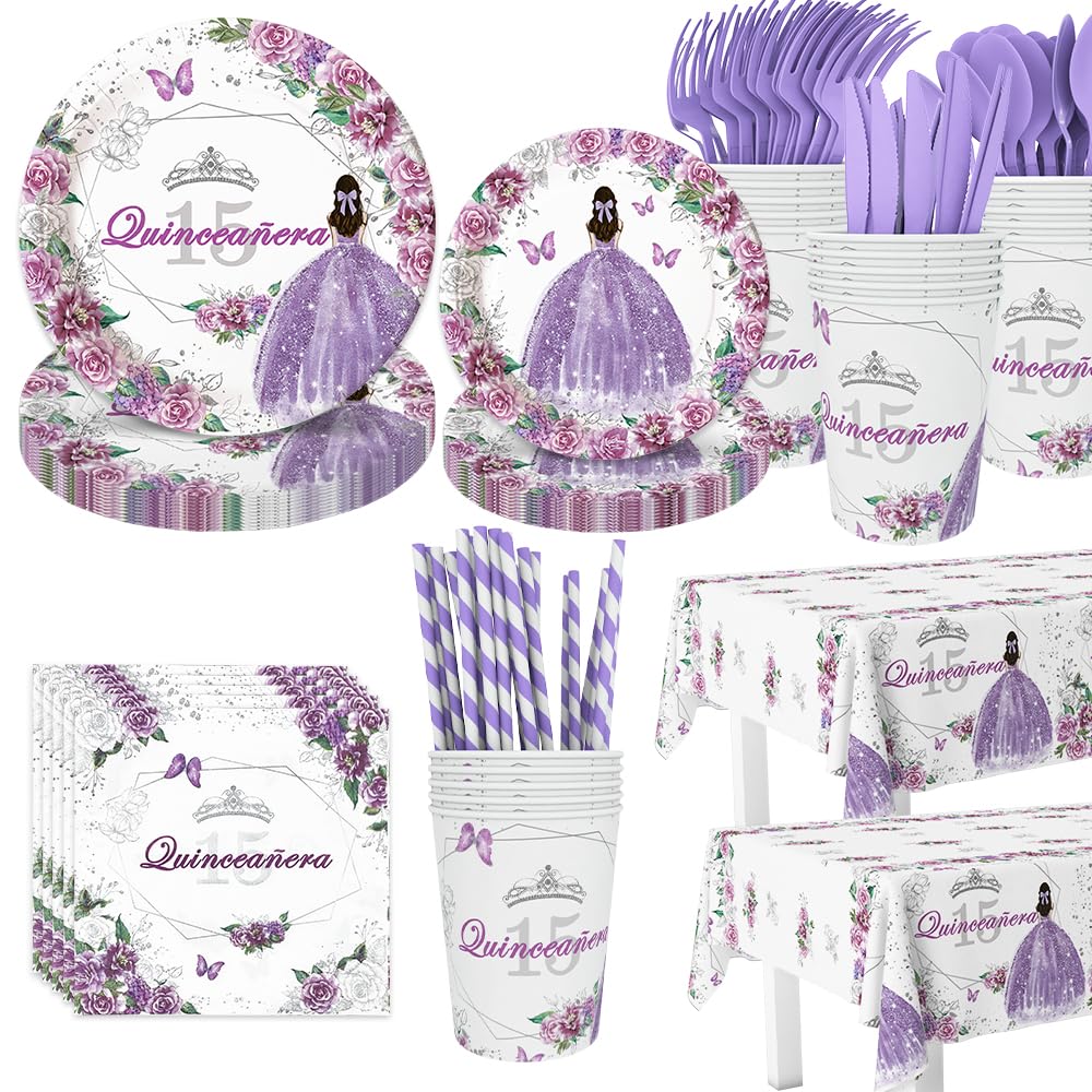 AIBIIN 194pcs Quinceanera Decorations 15th Birthday Decorations Party Plates, Cup, Napkin, Tablecloth, Tableware, Purple Disposable Quinceanera Birthday Party Supplies Plates Serve 24 Guests