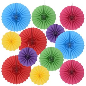 INPLUSTOP 12PCS Colorful Hanging Paper Fans Decoration Round Pattern Fan Garlands Paper Fan Party Decorations for Birthday Wedding Baby Shower Graduation Events Accessories