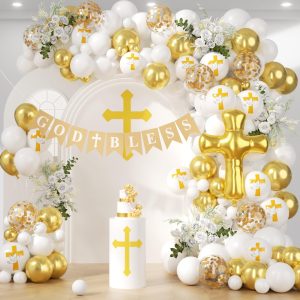 PityBlns First Communion Balloons Arch Kit 140Pcs, Baptism Balloon Garland Arch Mi Bautizo Decor White and Gold Cross Balloon for First Holy Communion Baptism Baby Shower Birthday Party Decorations