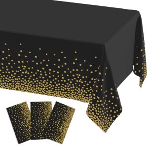 Smiry 3 Pack Dot Disposable Tablecloth, 54 x 108 Inch Waterproof Plastic Table Cloth, Decorative Table Covers for Picnic, Halloween Party, Gold in Black