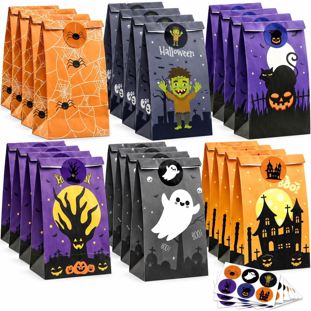 Halloween Treat Bags - 24 PCS Halloween Party Favors,Halloween Goodie Bags with Stickers for Kids | Candy Bags - Trick or Treat Bags,Mini Paper Gift Basket- HALLOWEEN Decorations Party Supplies