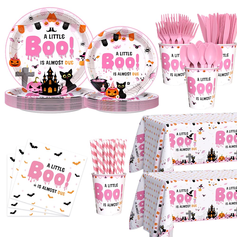 AIBIIN 194Pcs Halloween Baby Shower Decorations for Girl A Little Boo is Almost Due Baby Shower Party Plates, Cup, Napkin, Tablecloth, Tableware, Halloween Themed Party Supplies Plates Serve 24 Guests