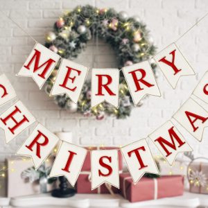 Whaline Christmas Burlap Banner Felt Merry Christmas Banner Pre-Assembled White Red Xmas Bunting Garland Celebration Hanging Decorations for Christmas Party Supplies Home Decoration