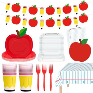 122 Pcs Back to School Decorations Set, Includes Apple Paper Plates Napkins, Notebook Dessert Plates Tablecloth, Cups, Banner and Forks for All Grades First Day of School Decor Party Supples, Serve 24