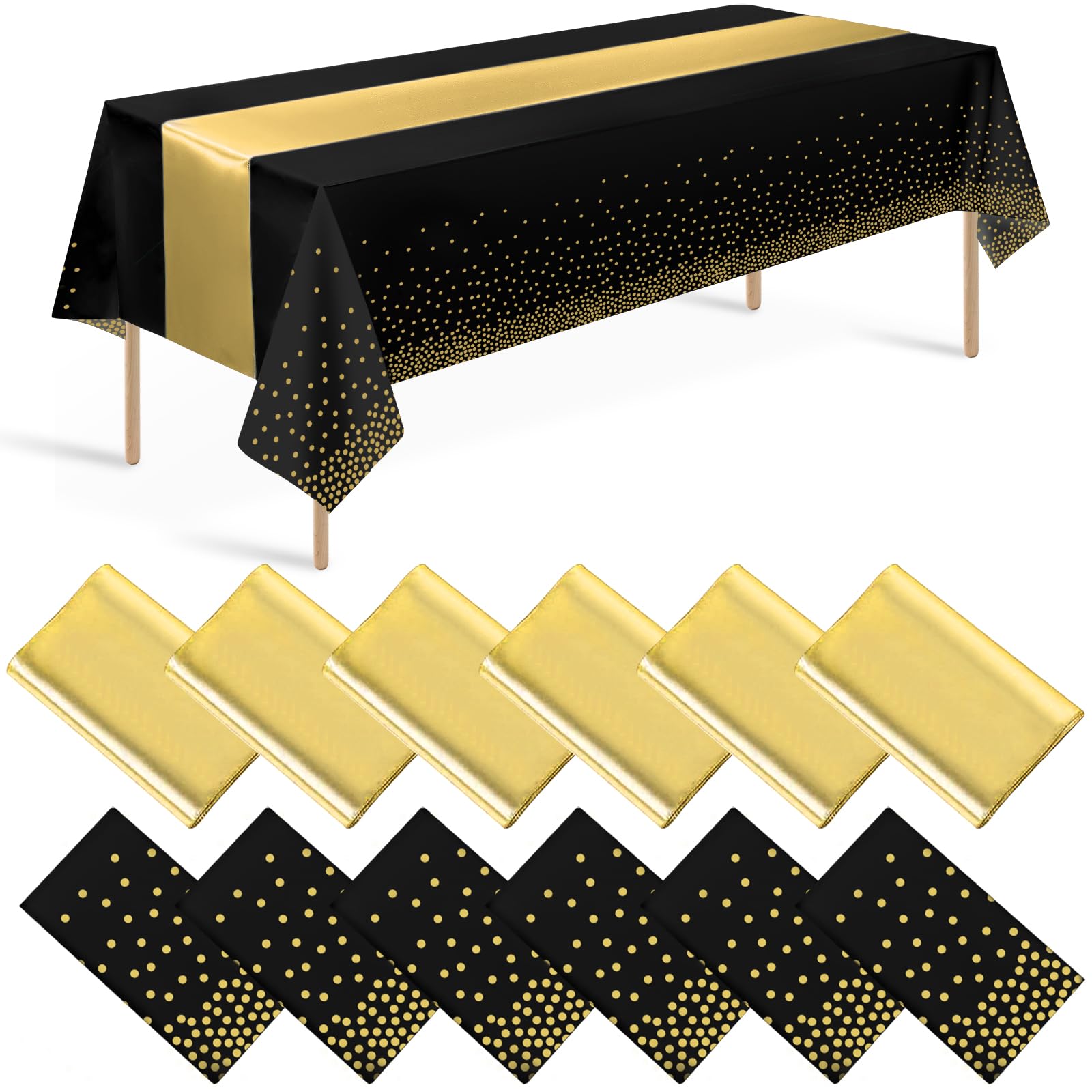 12 Pack Black and Gold Tablecloth and Table Runner Set Party Decorations, Black and Gold Plastic Disposable Tablecloth and Satin Table Runner for Wedding Birthday Bridal Graduation Anniversary Party