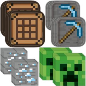 Minecraft Plates and Napkins for Birthday Party - Minecraft Birthday Decorations - Bundle with 16 Dinner & 16 Beverage Napkins, 8 Dinner & 8 Dessert Plates - Officially Licensed