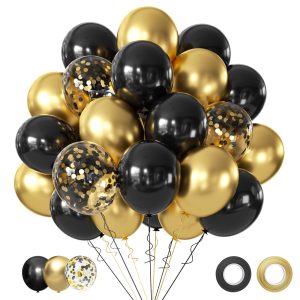 Black and Gold Balloons, 50Pcs 12 Inch Black Gold Confetti Balloons with Ribbons for Birthday,Graduation,New Years,Wedding,Engagement Party Decorations