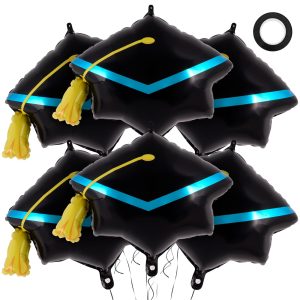 6 Pcs Graduation Cap Balloons, Large Academic Cap Shaped Black Mylar Graduation Foil Balloons, Grad Hat balloons for 2026 Graduation Party Decorations (Black Blue)