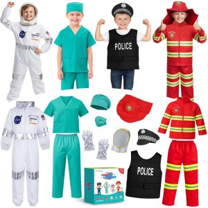 Ximoeo 4 in 1 Career Halloween Dress Up Clothes 3-8 Year Toddler Dress Up Doctor Astronaut Police Vest Fireman Costume Kids Pretend Play Toys Christmas Birthday Gifts 3 4 5 6 7 year old Boy Toys