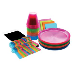 Party Essentials Disposable Plastic Glow-in-the-Dark Party Supplies Dinnerware Decorations, Plate/Cup/Cutlery/Tablecover, 193 Pcs, Assorted Neon