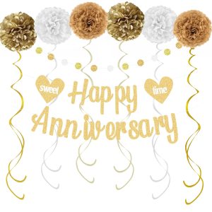 Happy Anniversary Decorations with Gold Happy Anniversary Banner, 18pcs