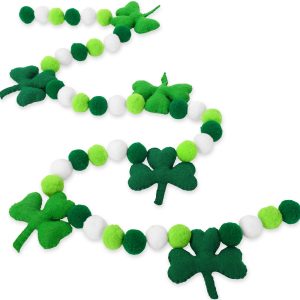 Whaline 8.2Ft St. Patrick's Day Felt Pom Banner Lucky Shamrock Garland Green White Ball Clover Decorative Irish Hanging Bunting for Home Mantel Wall Decor