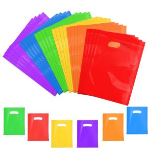 VieFantaisie 24 PCS Plastic Party Favor Small Gift Bags, 6"x8" Goodie Bags for Kids, Candy Treat Pouches Bulk with Handle for Kids' Birthday Party, Thanksgiving, Christmas, Halloween, 6 Colors