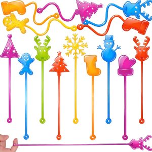 Menzcci 24 Pack Christmas Sticky Hand Toys, 8 Styles Christmas Stocking Tree Hat Glove Deer Snowman Sticky Stretchy Toys for Kids Boys Girls Stocking Stuffers Party Favors Gifts