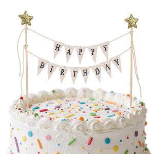 Happy Birthday Flag Banner Cake Topper, Handmade Pennant & Star Garland