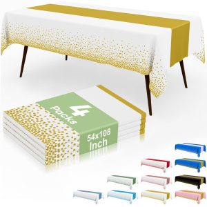 misaya 4 Packs White and Gold Plastic Disposable Table Cloth