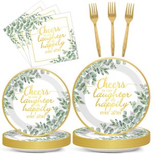 96Pcs Eucalyptus Leaves Bridal Shower Party Supplies Cheer to Love Birthday Plates and Napkins Sage Green Tableware Disposable Dessert Dinnerware for Wedding Engagement Anniversary Decor for 24 Guest