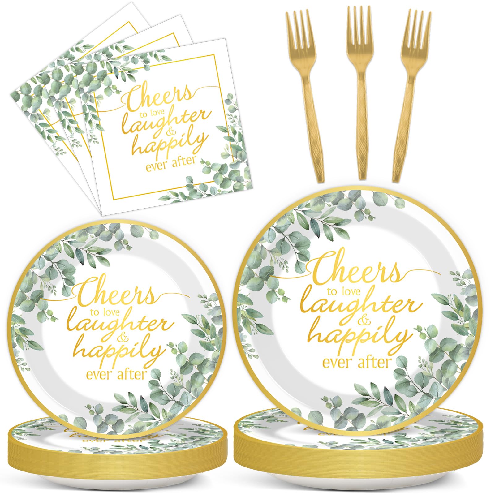 96Pcs Eucalyptus Leaves Bridal Shower Party Supplies Cheer to Love Birthday Plates and Napkins Sage Green Tableware Disposable Dessert Dinnerware for Wedding Engagement Anniversary Decor for 24 Guest