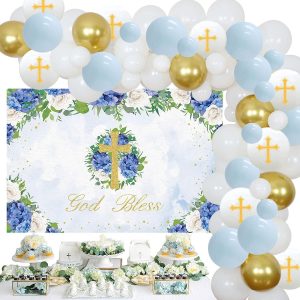 First Communion Decor for Boys - God Bless Party Decorations White and Gold Balloon Garland Kit with Blue Backdrop, Baptism Christening Party Decorations Supplies