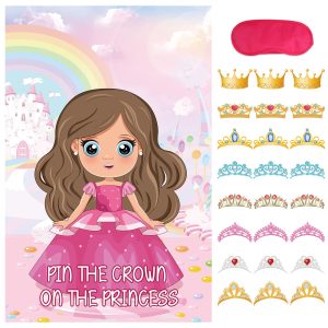 Hooqict Pin The Crown on The Princess Party Games for Kids Girls Princess Birthday Party Decorations Tea Party Supplies, Large Pin The Tail Games Poster with 24 Crown Stickers