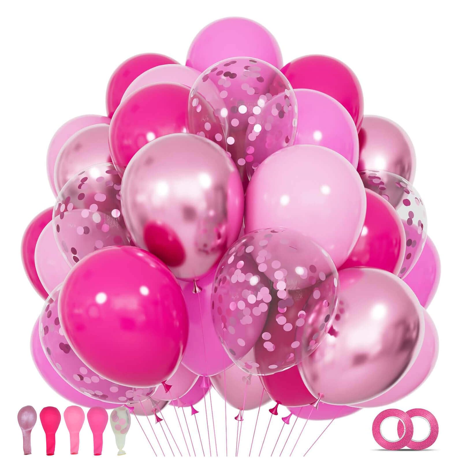 KUULBELA 68Pcs Pink Balloons Kit 12 Inch Metallic Pink Balloon, Pink Confetti Balloon and Baby Pink Party Balloons with Ribbons for Birthday, Wedding, Baby Shower, Graduation Decorations.