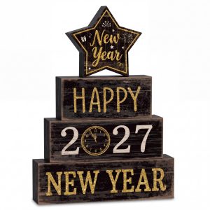 Moucuny 4 Pcs New Year Table Decorations Happy New Year Wooden Block Signs