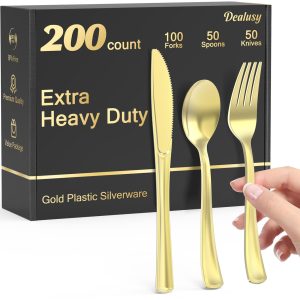 Dealusy 200 Count Heavy Duty Gold Plastic Silverware