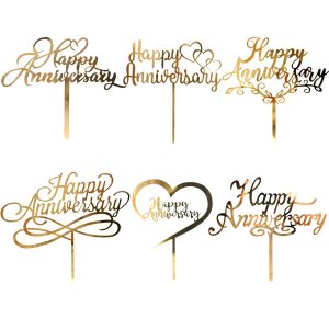 6pcs Happy Anniversary Cake Topper Gold Acrylic Cake Topper, Happy Anniversary Cake Sign, Wedding Cake Decorations Party Supplies