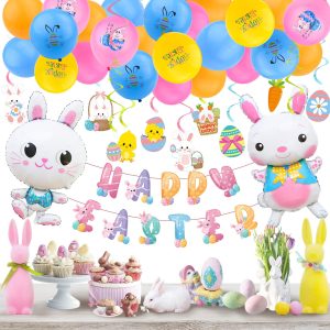 55PCS Easter Party Decorations Kit with Balloons Banner and Swirls