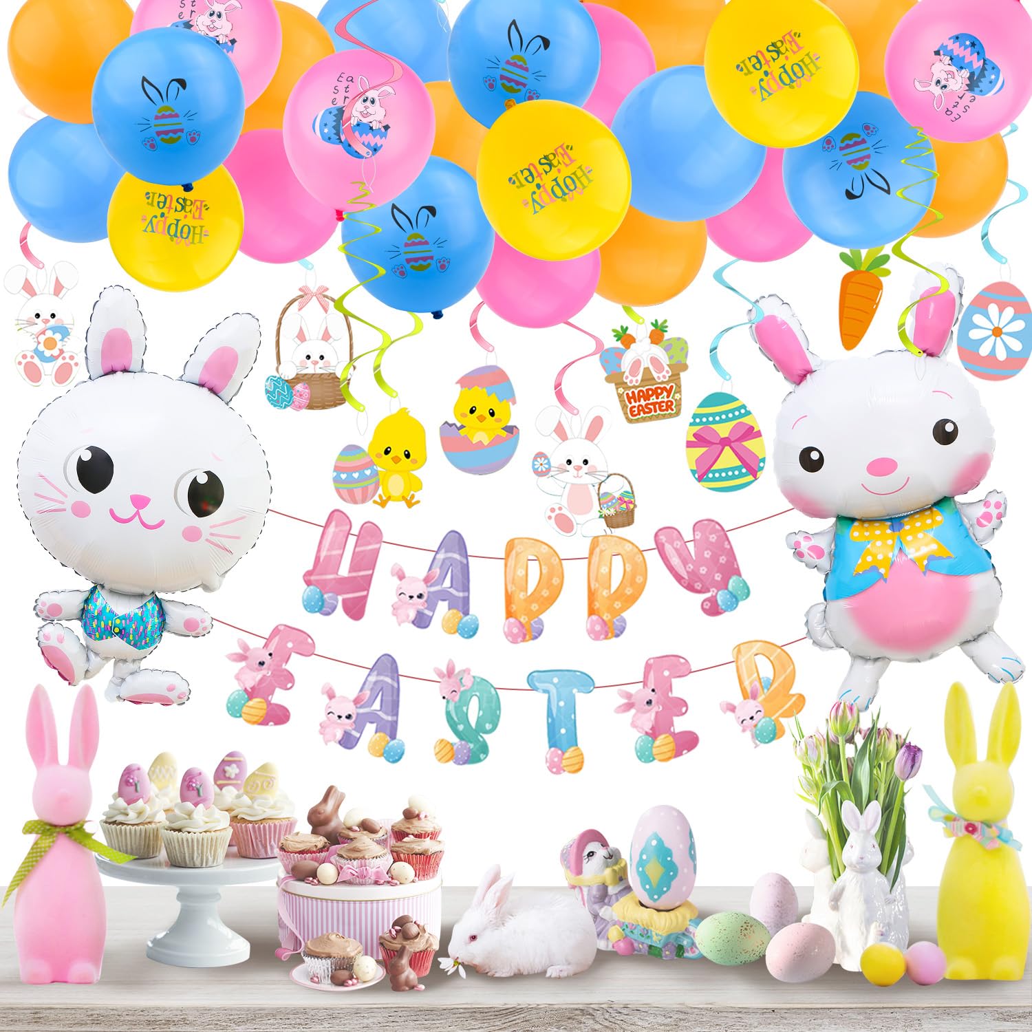 55PCS Easter Party Decorations Kit with Balloons Banner and Swirls